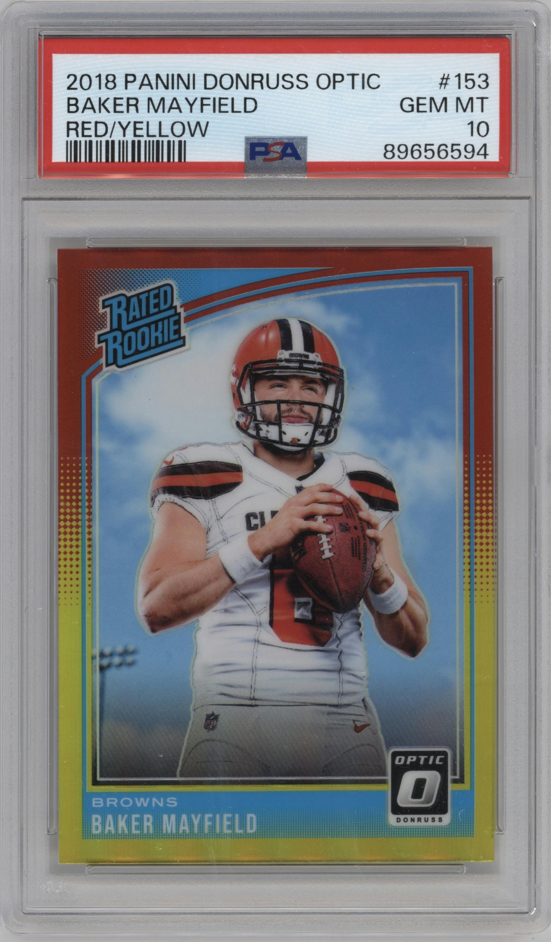 Baker Mayfield from the 2018 Panini Donruss Optic set featuring a Red/Yellow parallel graded by PSA and given an overall grade of 10.