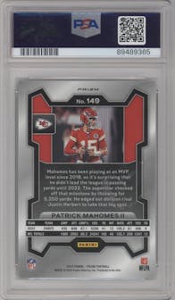 Patrick Mahomes II from the 2023 Panini Prizm set featuring a Green Wave  parallel graded by PSA and given an overall grade of 9.