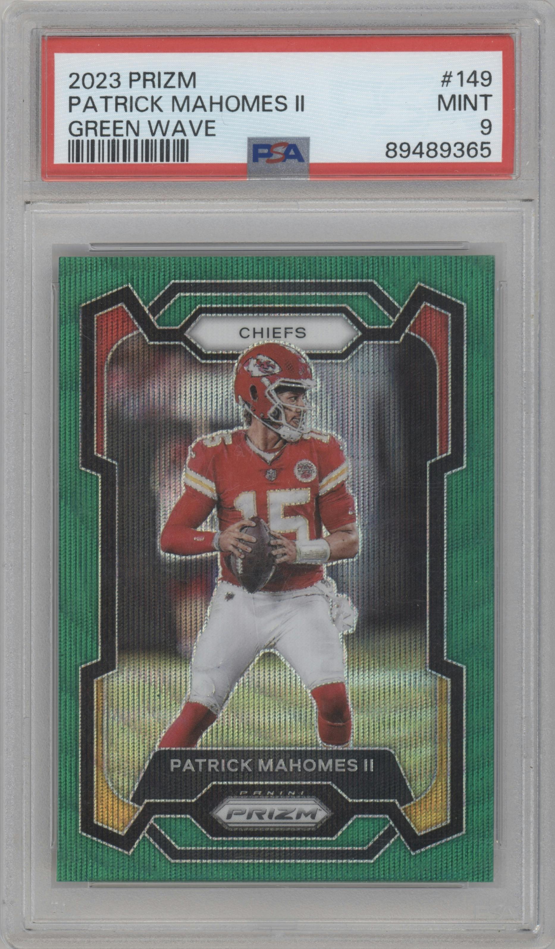 Patrick Mahomes II from the 2023 Panini Prizm set featuring a Green Wave  parallel graded by PSA and given an overall grade of 9.