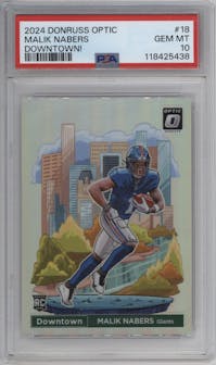 Malik Nabers from the 2024 Donruss Optic set graded by PSA and given an overall grade of 10.