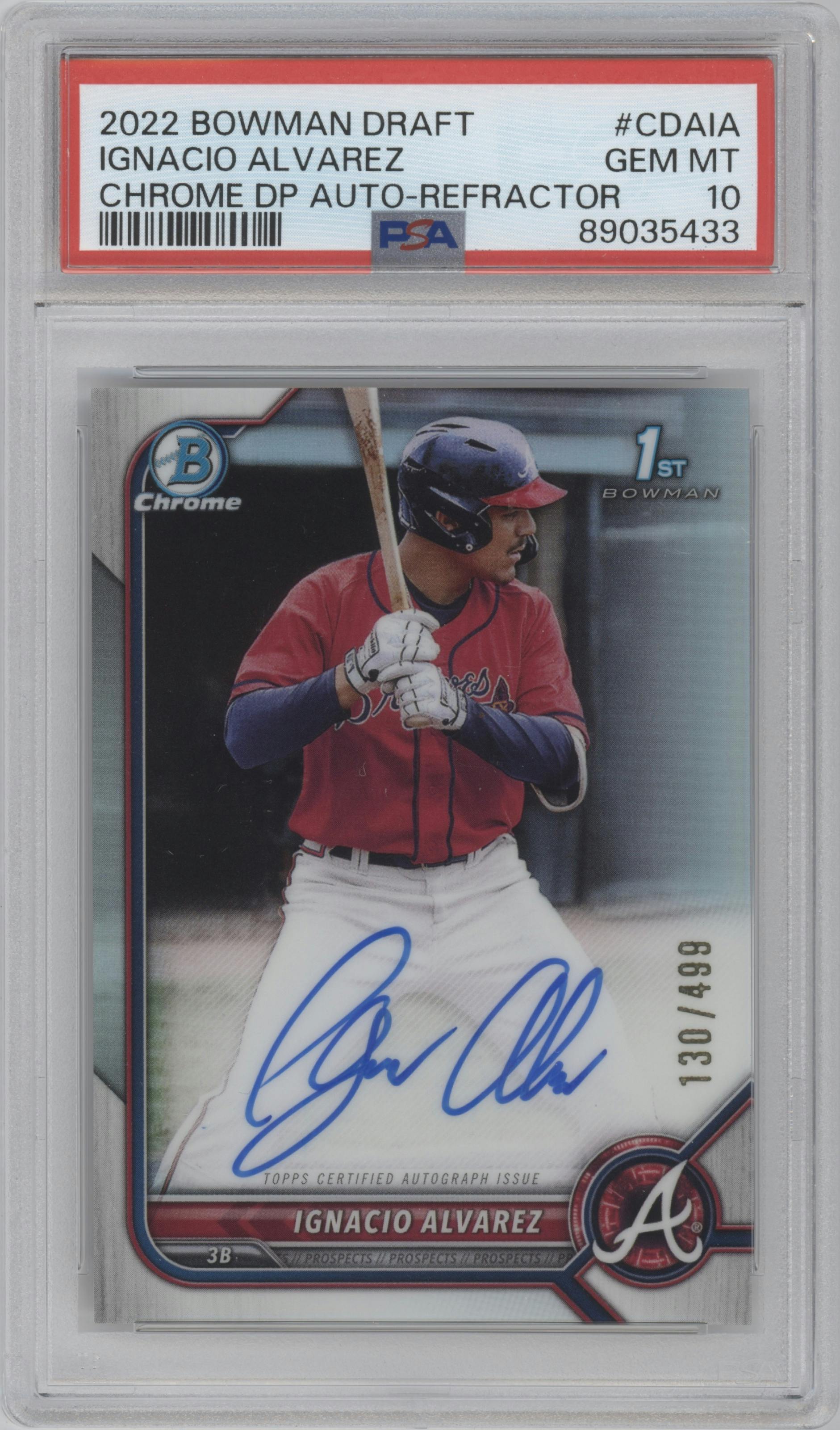 Ignacio Alvarez from the 2022 Bowman Draft set featuring a Refractor parallel graded by PSA and given an overall grade of 10.