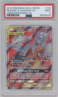 Reshiram & Charizard GX from the 2019 Pokemon S&M  set graded by PSA and given an overall grade of 9.