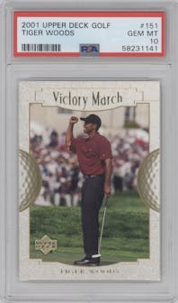 Tiger Woods  from the 2001 Upper Deck set graded by PSA and given an overall grade of 10.