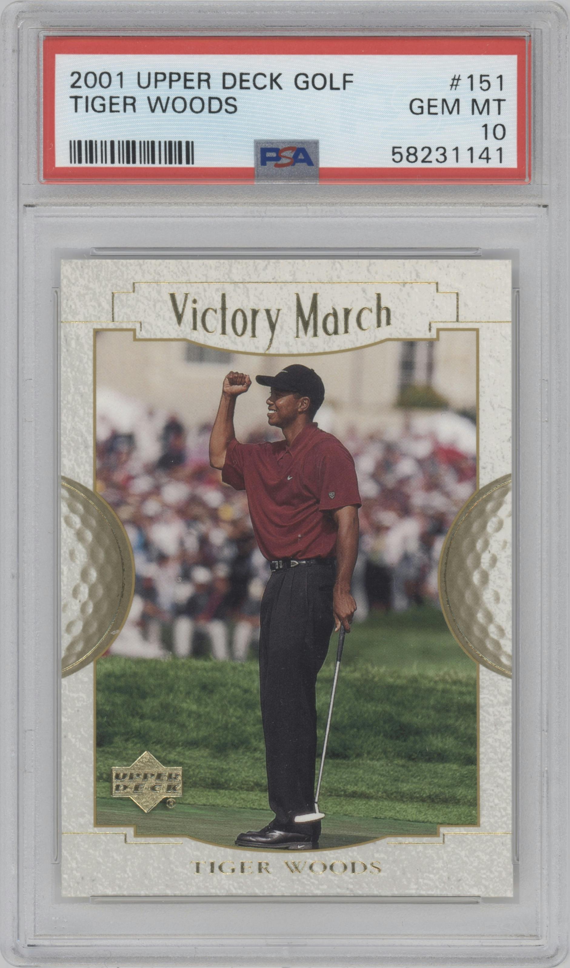 Tiger Woods  from the 2001 Upper Deck set graded by PSA and given an overall grade of 10.