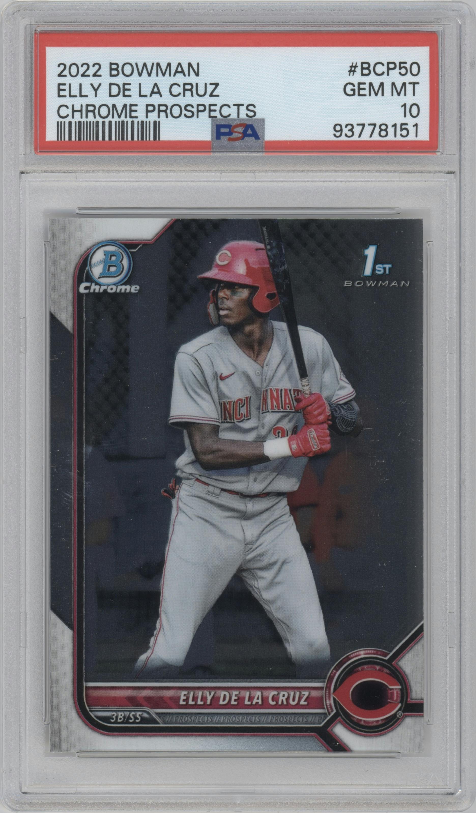 Elly De La Cruz from the 2022 Bowman set graded by PSA and given an overall grade of 10.