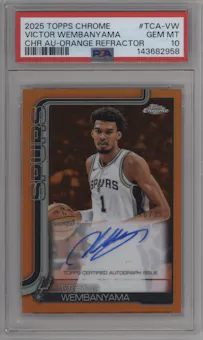 Victor Wembanyama from the 2025-26 Topps Chrome set featuring a Orange Refractor parallel graded by PSA and given an overall grade of 10.