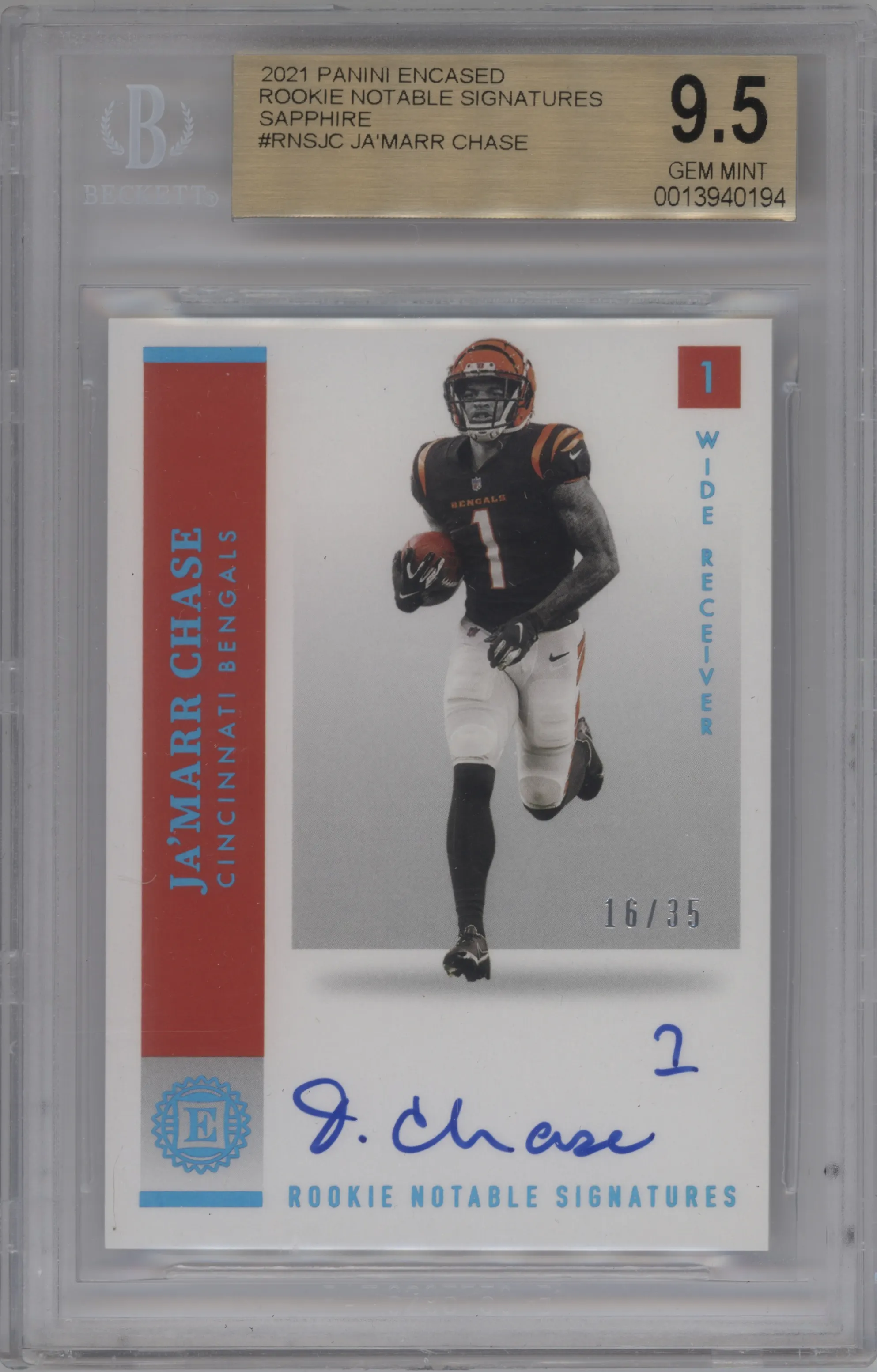 2021 Panini Encased Rke.Notable Sig. Ja'Marr Chase Sapphire #RNS-JC BGS 9.5