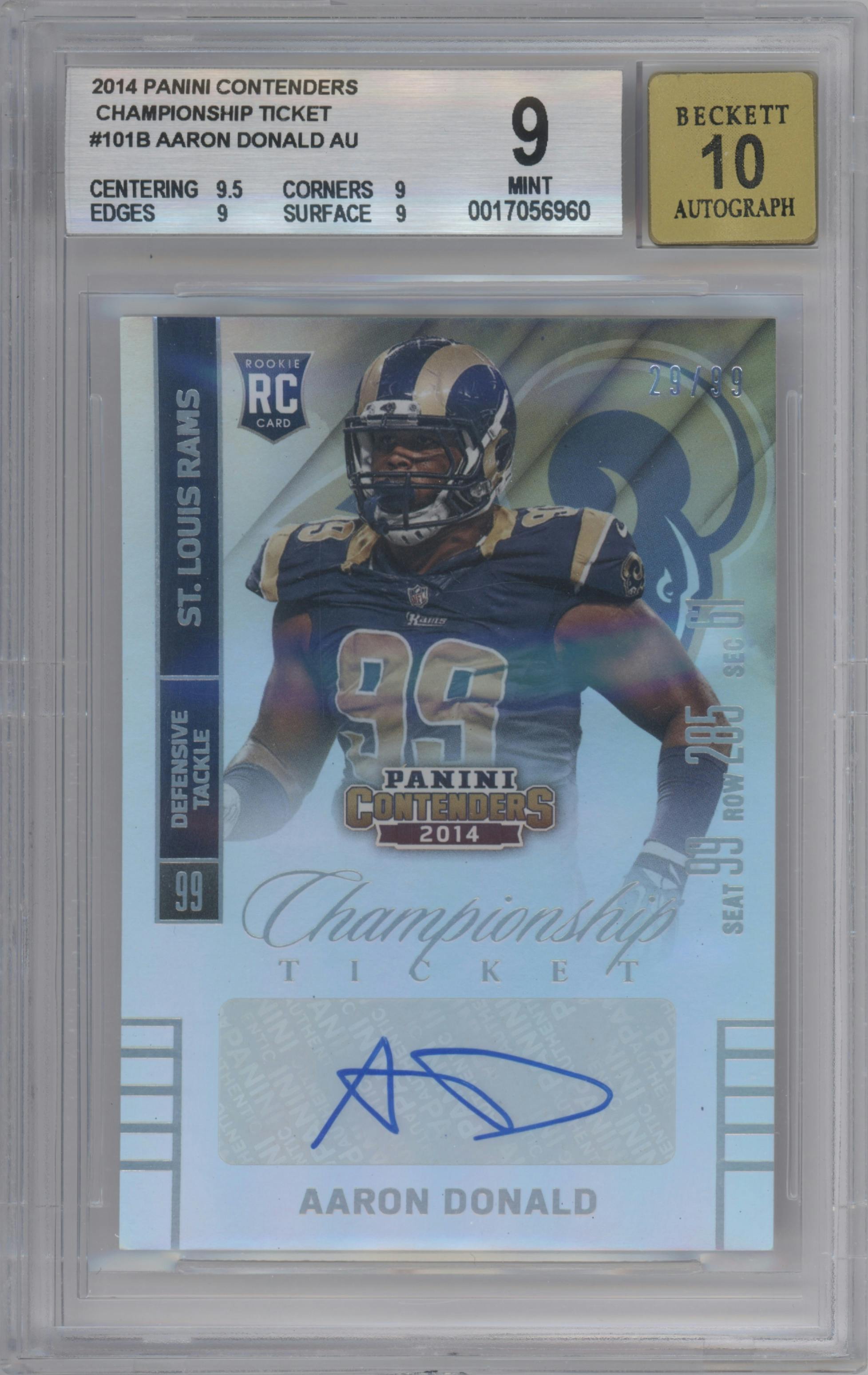 Aaron Donald from the 2014 Panini Contenders set featuring a Championship Ticket parallel graded by Beckett and given an overall grade of 9.
