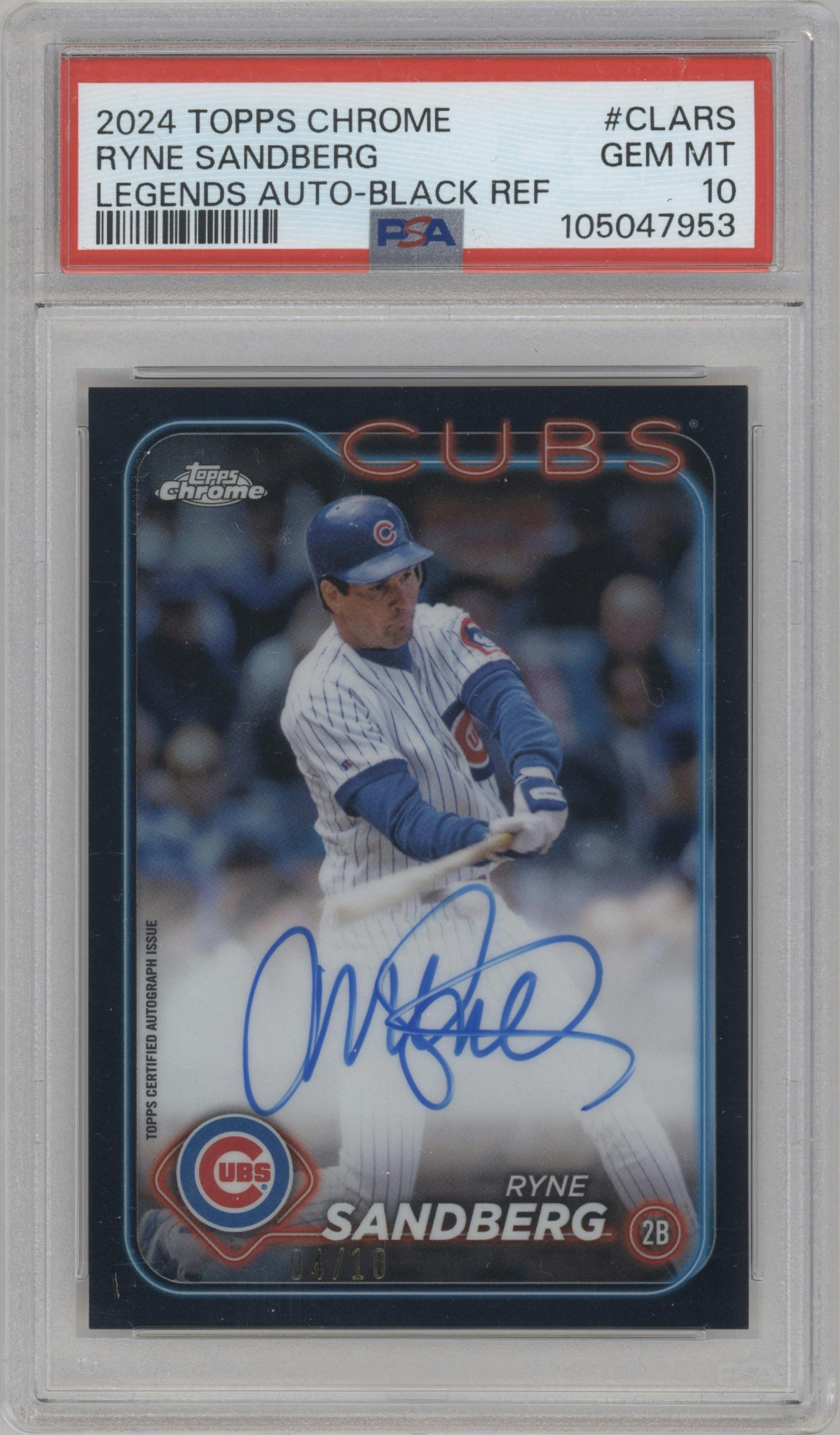Ryne Sandberg from the 2024 Topps Chrome set featuring a Black Refractor parallel graded by PSA and given an overall grade of 10.