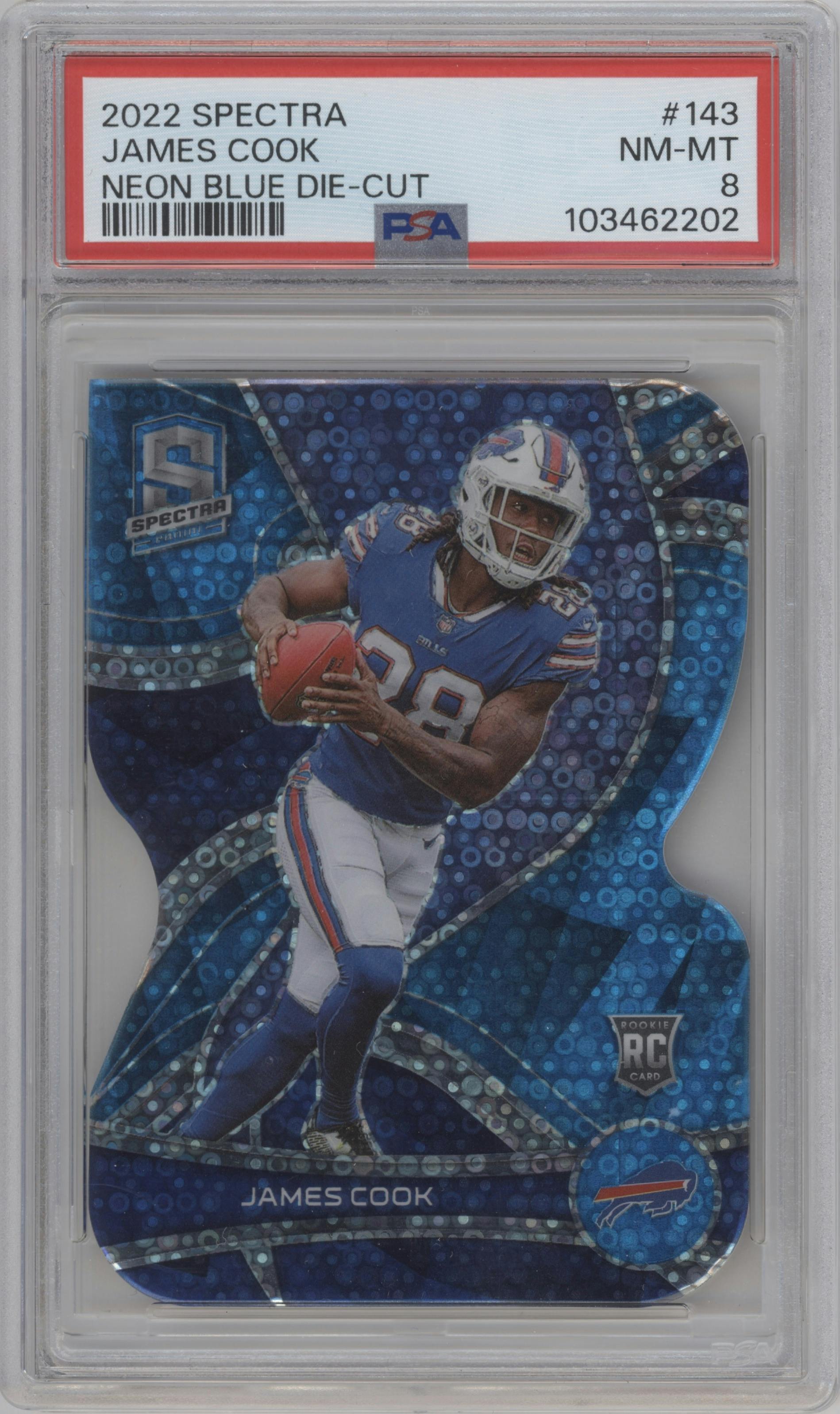 James Cook from the 2022 Panini Spectra set featuring a Die-Cut Neon Blue parallel graded by PSA and given an overall grade of 8.
