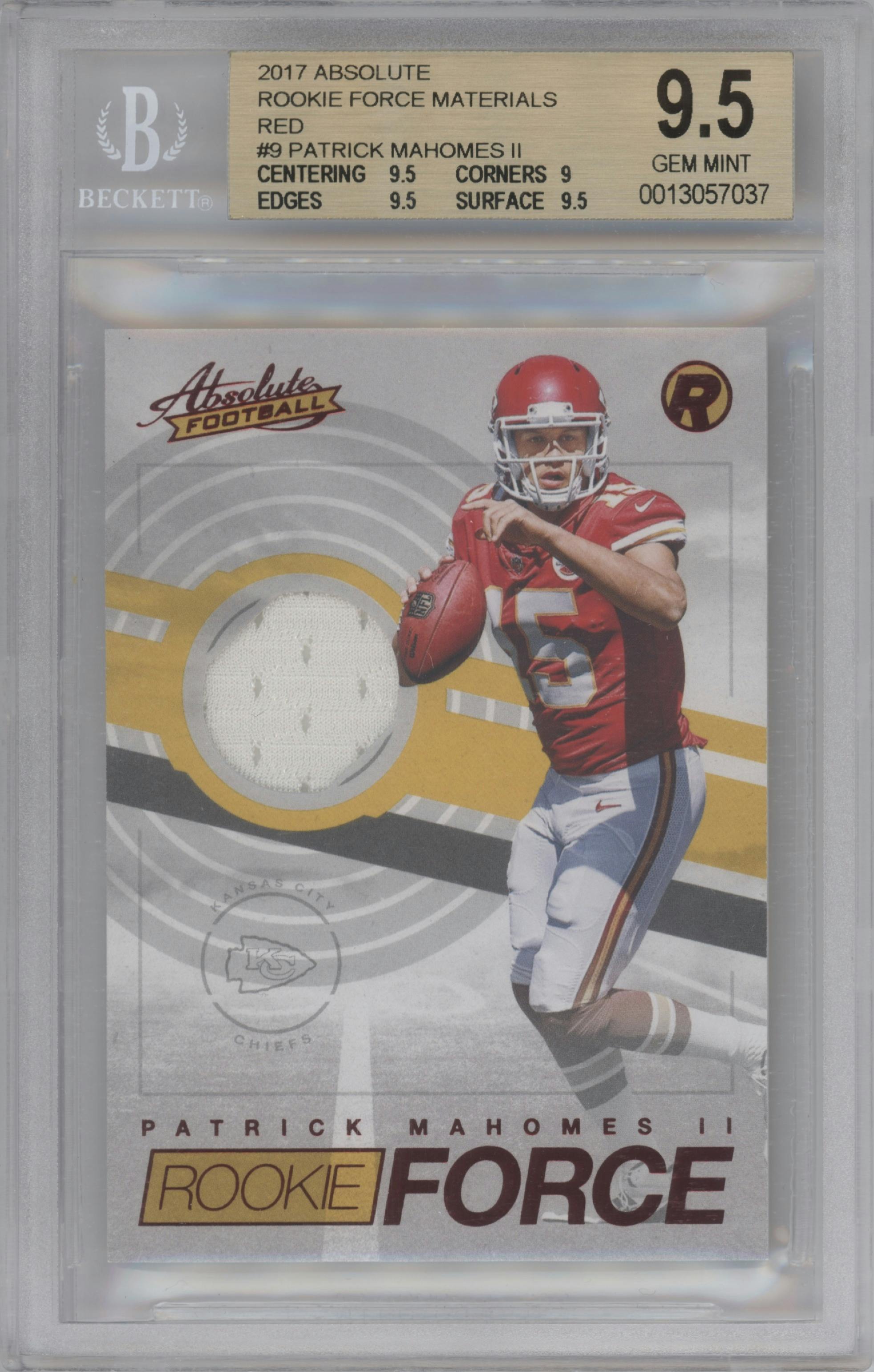 Patrick Mahomes II from the 2017 Panini Absolute set featuring a Red parallel graded by Beckett and given an overall grade of 9.5.