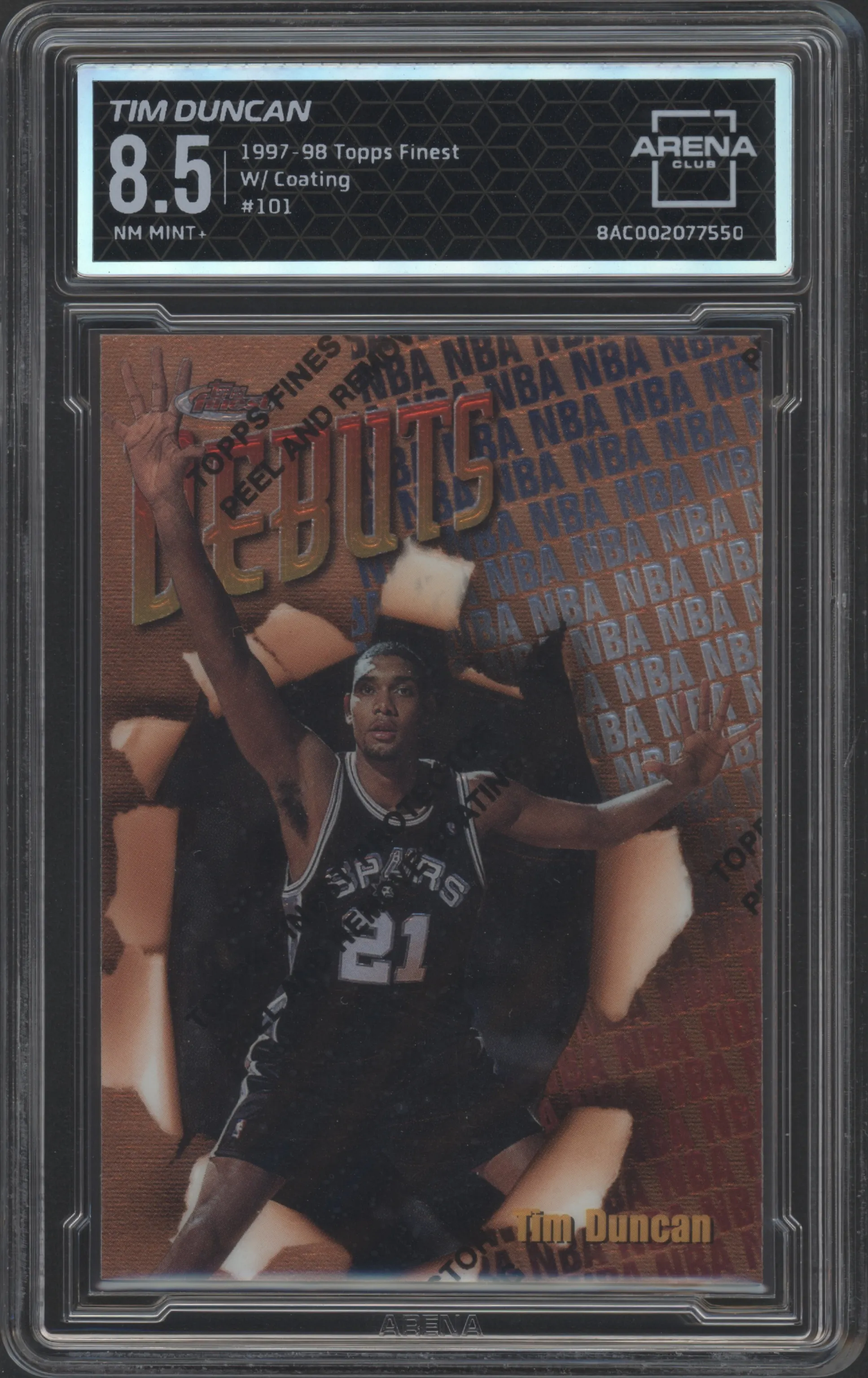 1997 Topps Finest Tim Duncan W/ Coating #101 ARENA CLUB 8.5