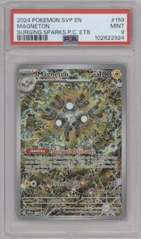 Magneton from the 2024 Pokemon SV set featuring a Surging Sparks Pokemon Center Elite Trainer boxes parallel graded by PSA and given an overall grade of 9.