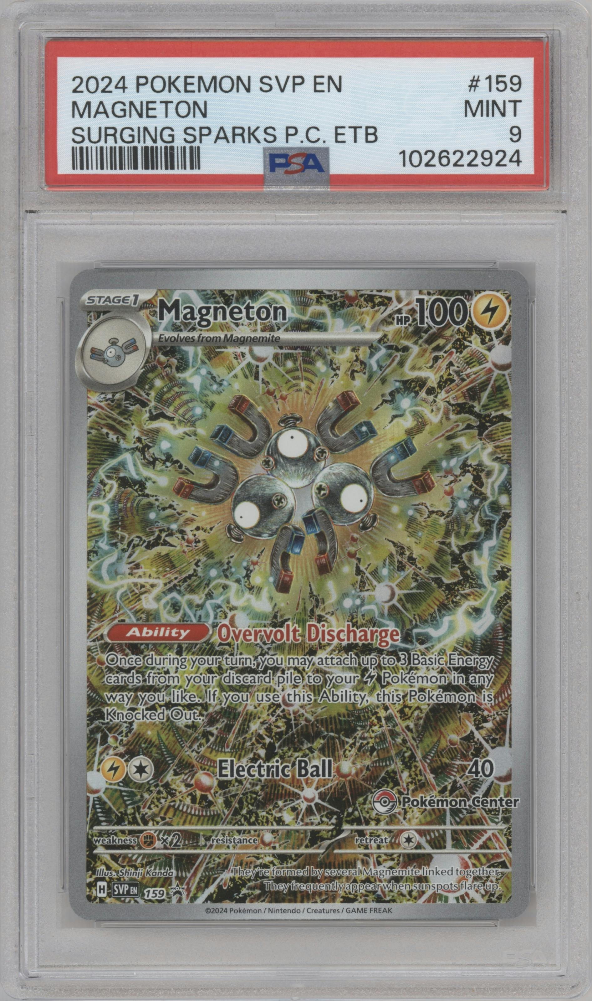 Magneton from the 2024 Pokemon SV set featuring a Surging Sparks Pokemon Center Elite Trainer boxes parallel graded by PSA and given an overall grade of 9.