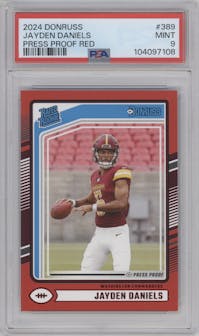 Jayden Daniels from the 2024 Donruss set featuring a Press Proof Red parallel graded by PSA and given an overall grade of 9.
