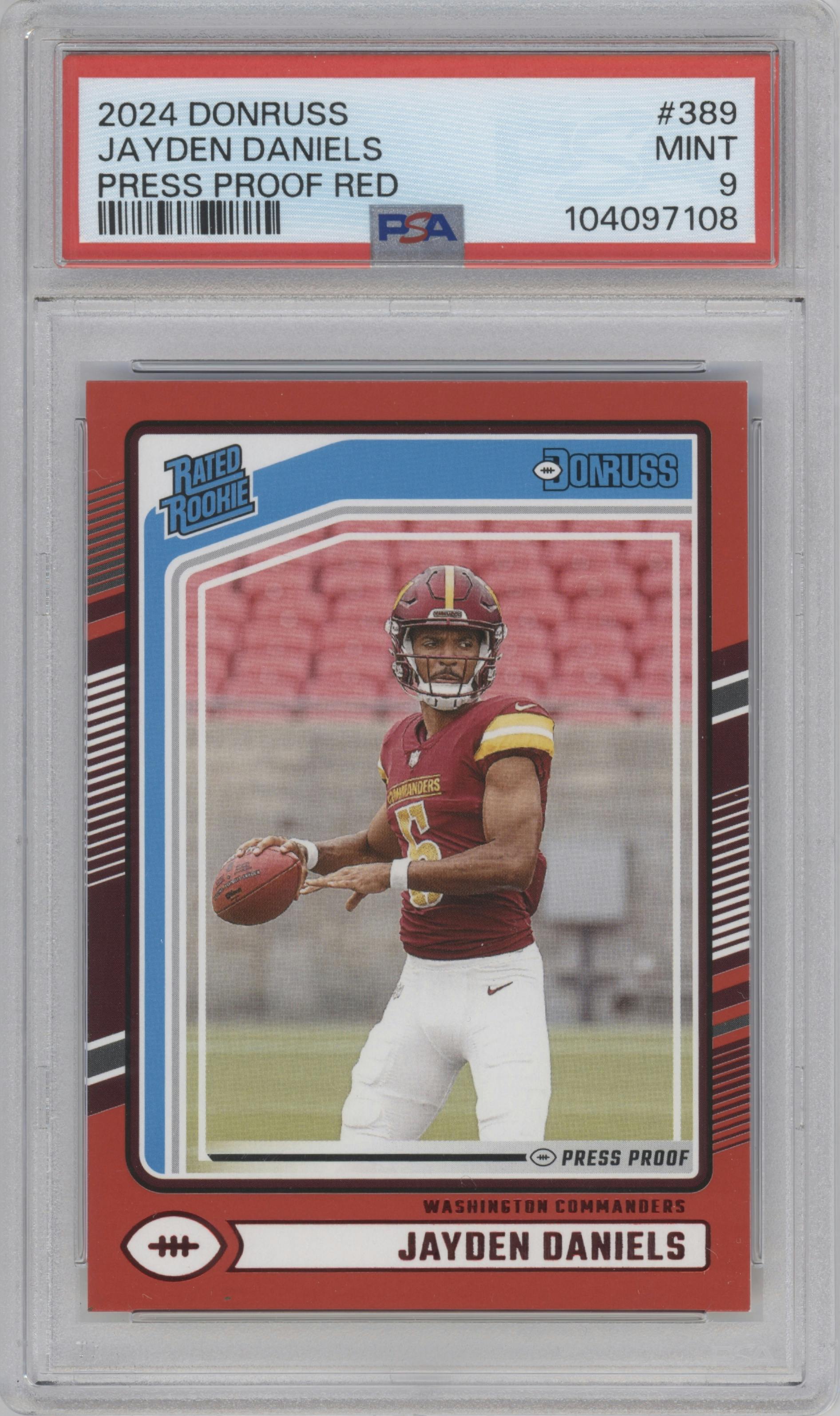 Jayden Daniels from the 2024 Donruss set featuring a Press Proof Red parallel graded by PSA and given an overall grade of 9.