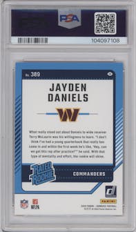 Jayden Daniels from the 2024 Donruss set featuring a Press Proof Red parallel graded by PSA and given an overall grade of 9.