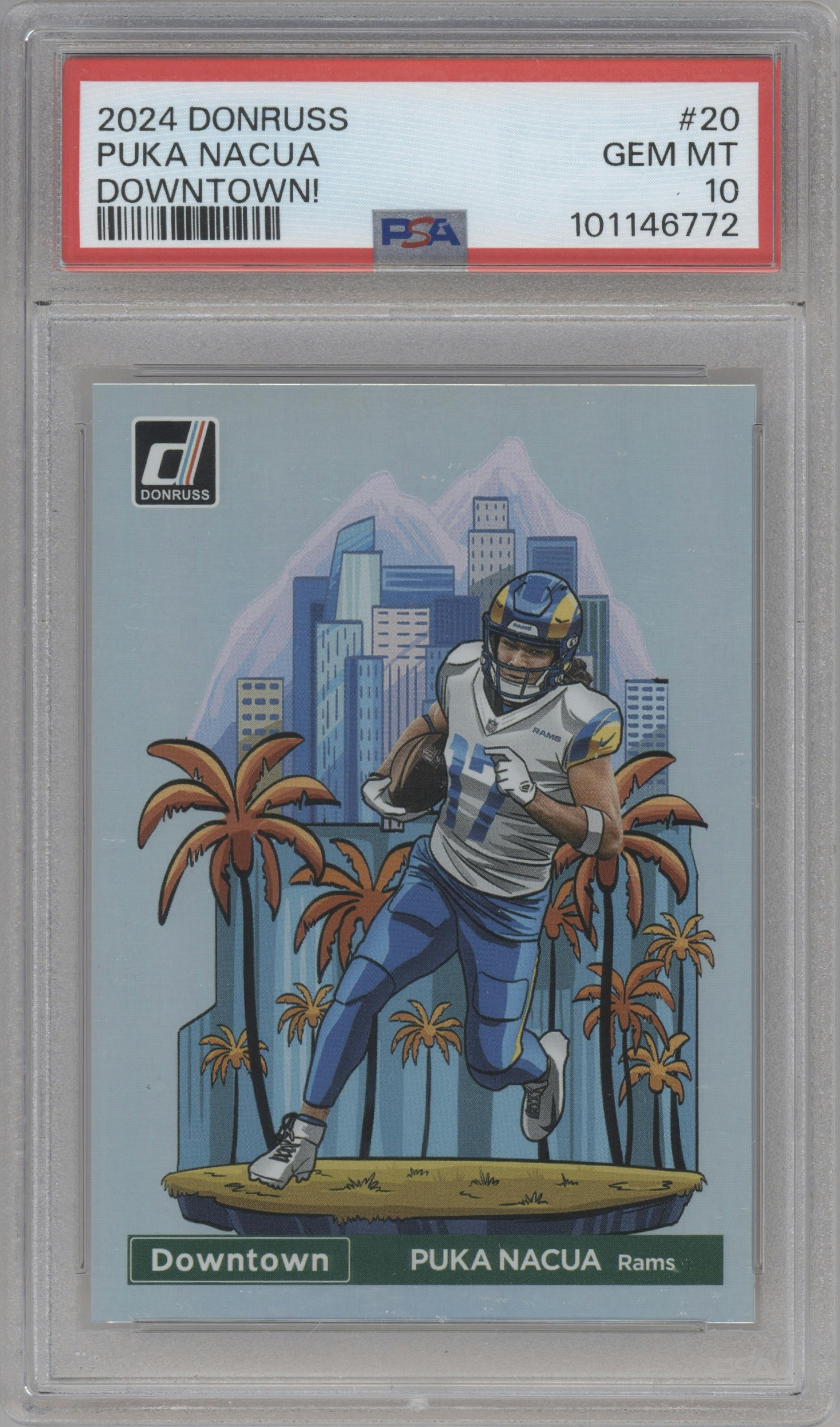 Puka Nacua from the 2024 Donruss set graded by PSA and given an overall grade of 10.