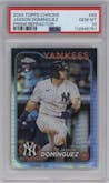 Jasson Dominguez from the 2024 Topps Chrome set featuring a Prism Refractor parallel graded by PSA and given an overall grade of 10.
