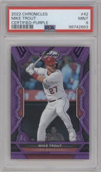 Mike Trout  from the 2022 Panini Chronicles set featuring a Purple  parallel graded by PSA and given an overall grade of 9.
