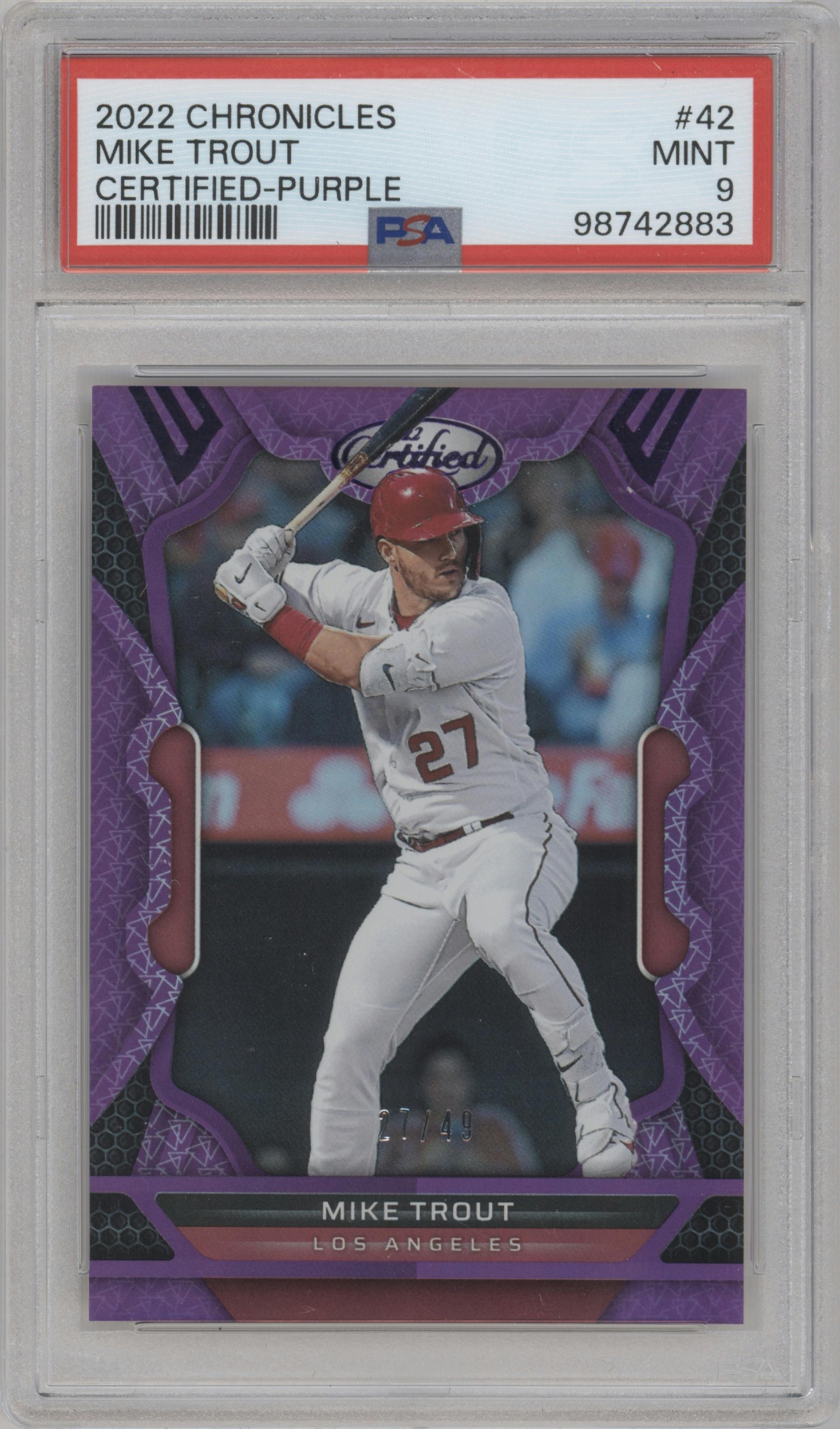 Mike Trout  from the 2022 Panini Chronicles set featuring a Purple  parallel graded by PSA and given an overall grade of 9.