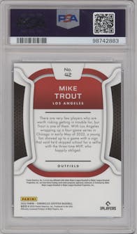 Mike Trout  from the 2022 Panini Chronicles set featuring a Purple  parallel graded by PSA and given an overall grade of 9.