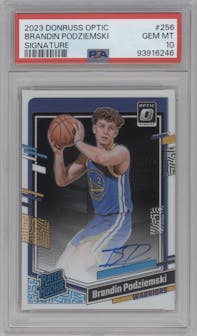 Brandin Podziemski from the 2023-24 Donruss Optic set graded by PSA and given an overall grade of 10.