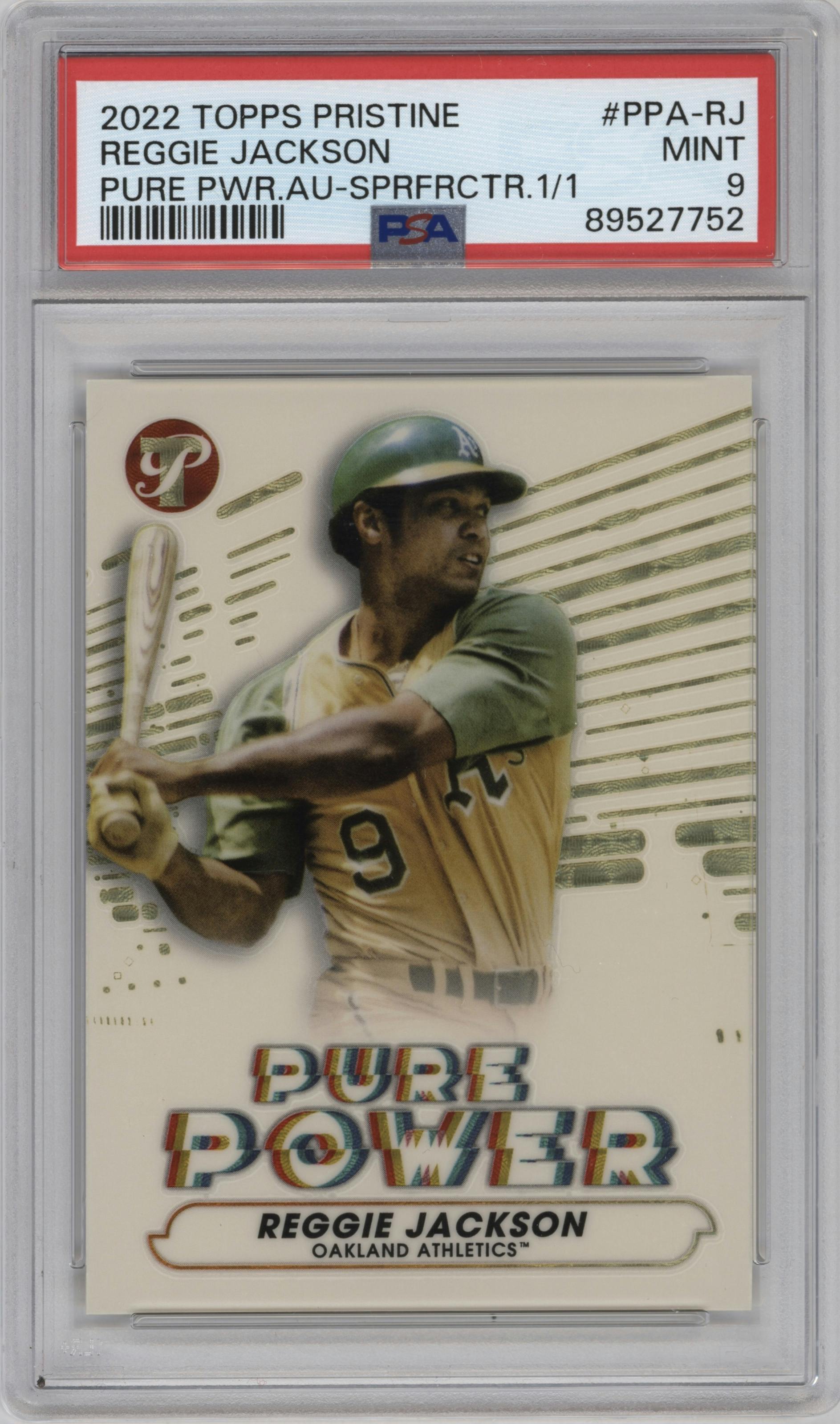 Reggie Jackson from the 2022 Topps Pristine set featuring a SuperFractor parallel graded by PSA and given an overall grade of 9.