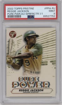 Reggie Jackson from the 2022 Topps Pristine set featuring a SuperFractor parallel graded by PSA and given an overall grade of 9.
