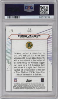Reggie Jackson from the 2022 Topps Pristine set featuring a SuperFractor parallel graded by PSA and given an overall grade of 9.