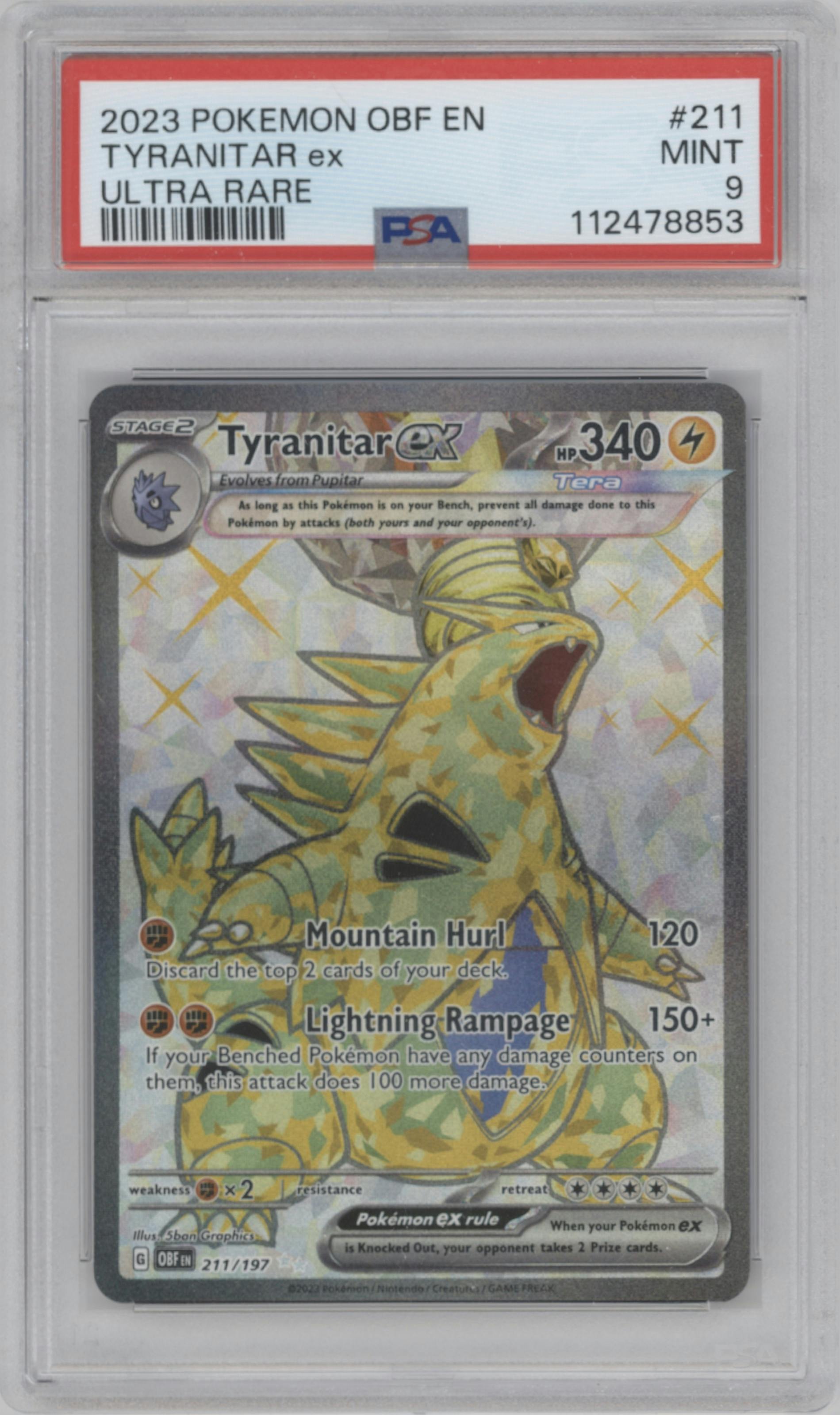 Tyranitar EX from the 2023 Pokemon SV set graded by PSA and given an overall grade of 9.