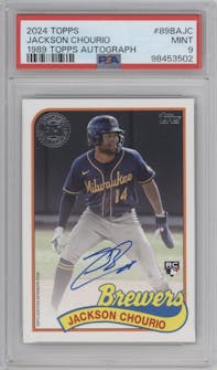 Jackson Chourio from the 2024 Topps  set graded by PSA and given an overall grade of 9.