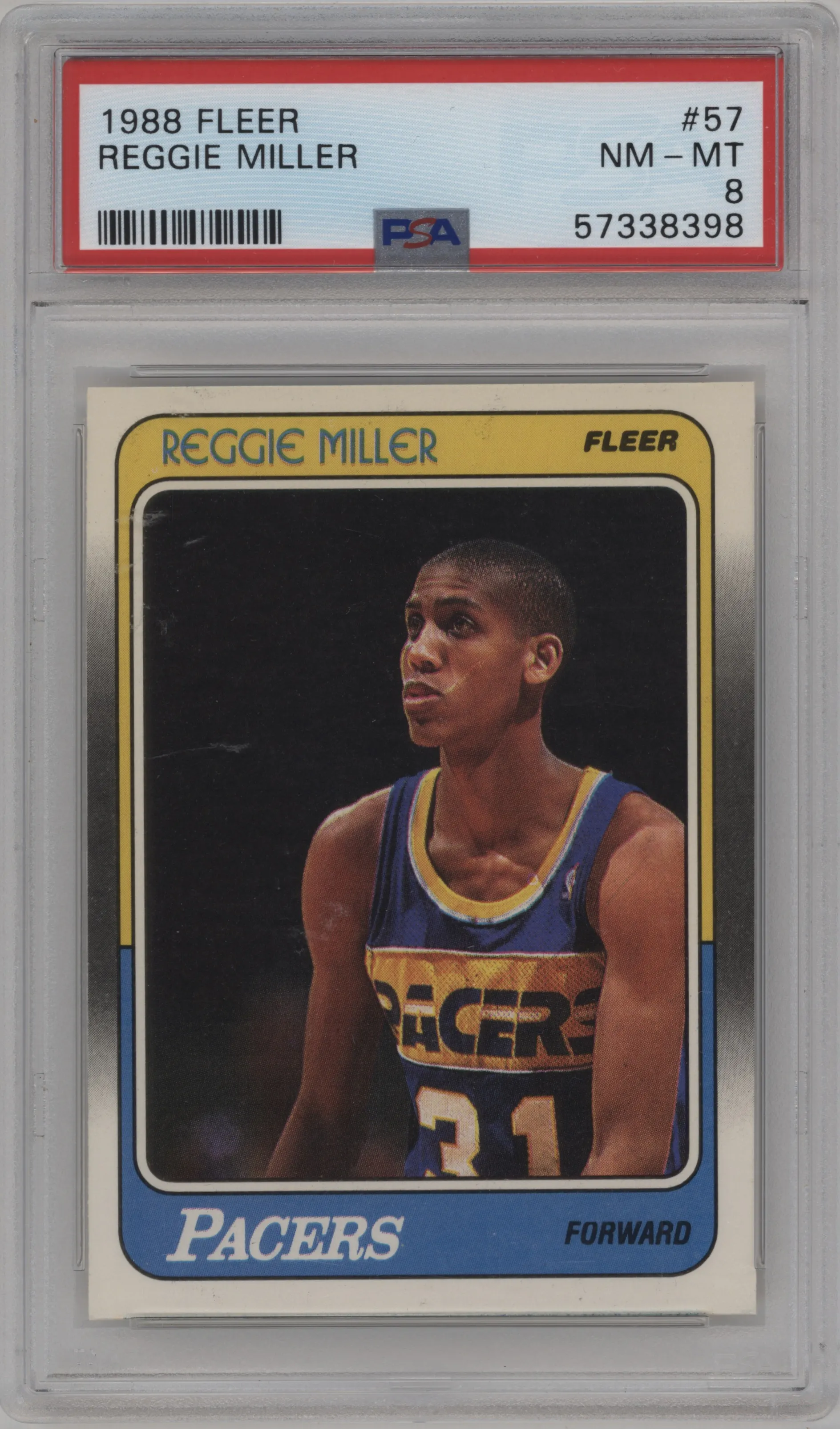 Reggie Miller from the 1988-89 Fleer set graded by PSA and given an overall grade of 8.