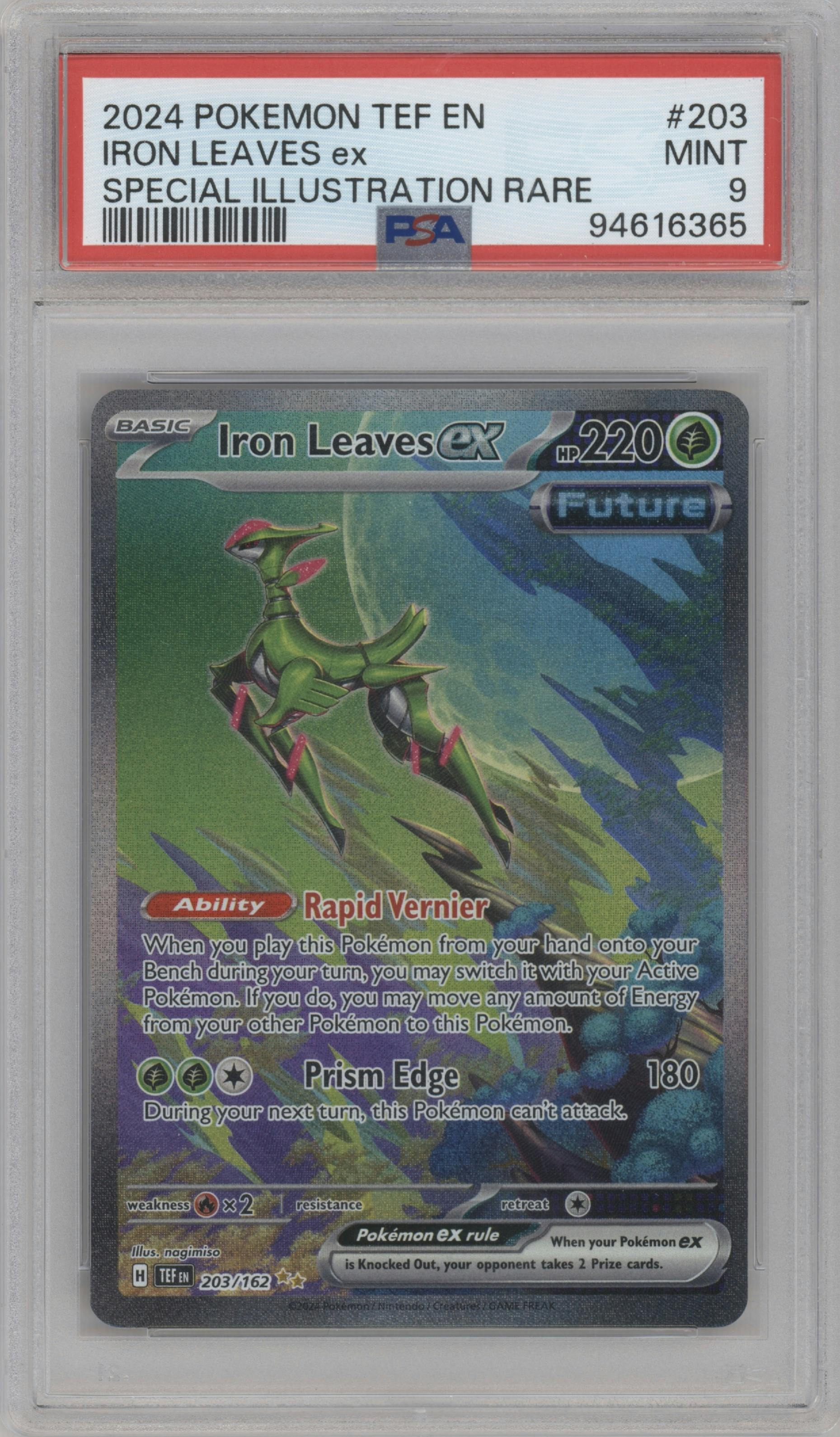 Iron Leaves ex from the 2024 Pokemon SV set graded by PSA and given an overall grade of 9.