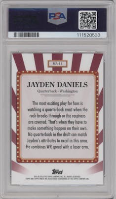 Jayden Daniels from the 2024 Finest set graded by PSA and given an overall grade of 10.