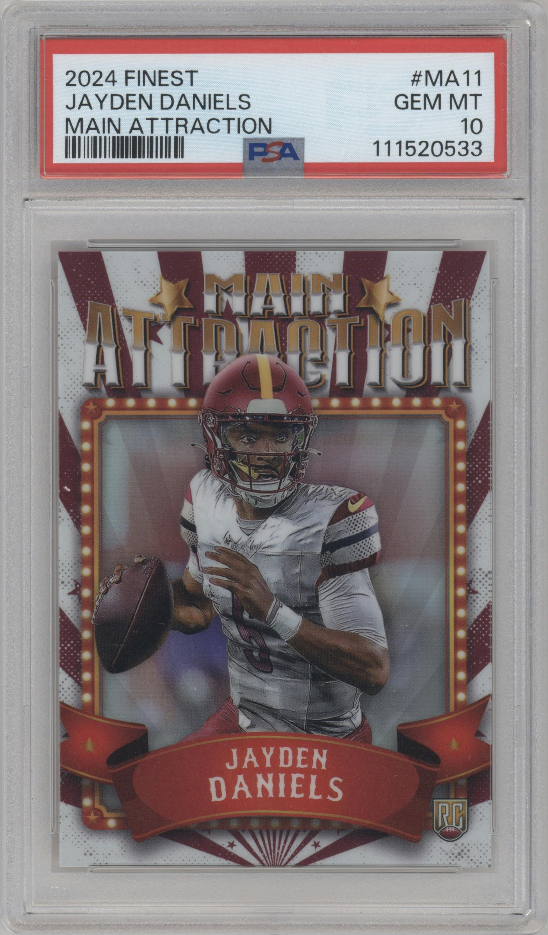 Jayden Daniels from the 2024 Finest set graded by PSA and given an overall grade of 10.