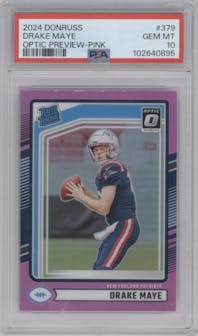 Drake Maye from the 2024 Donruss set featuring a Pink parallel graded by PSA and given an overall grade of 10.