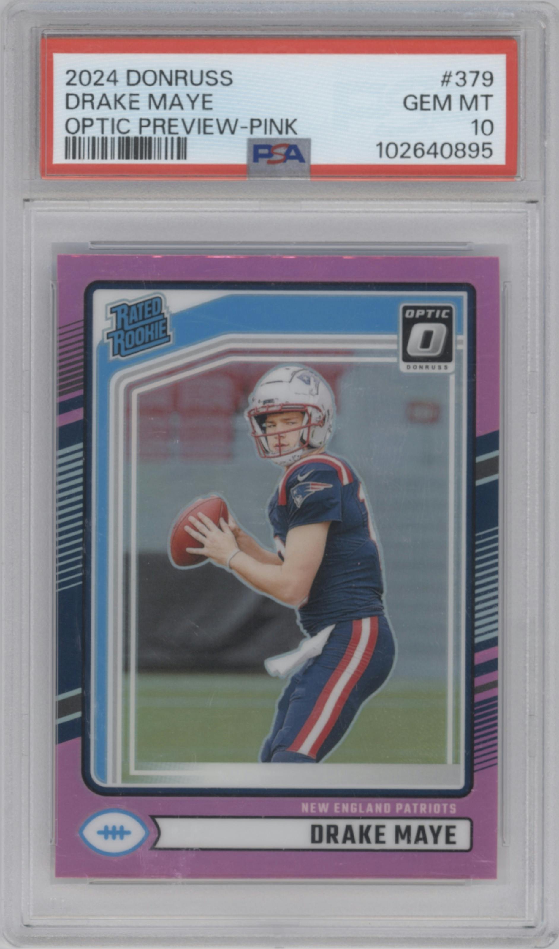 Drake Maye from the 2024 Donruss set featuring a Pink parallel graded by PSA and given an overall grade of 10.