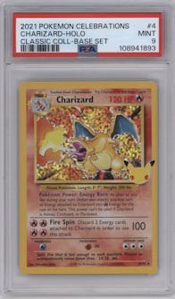 Charizard from the 2021 Pokemon SWSH set featuring a Base Set parallel graded by PSA and given an overall grade of 9.