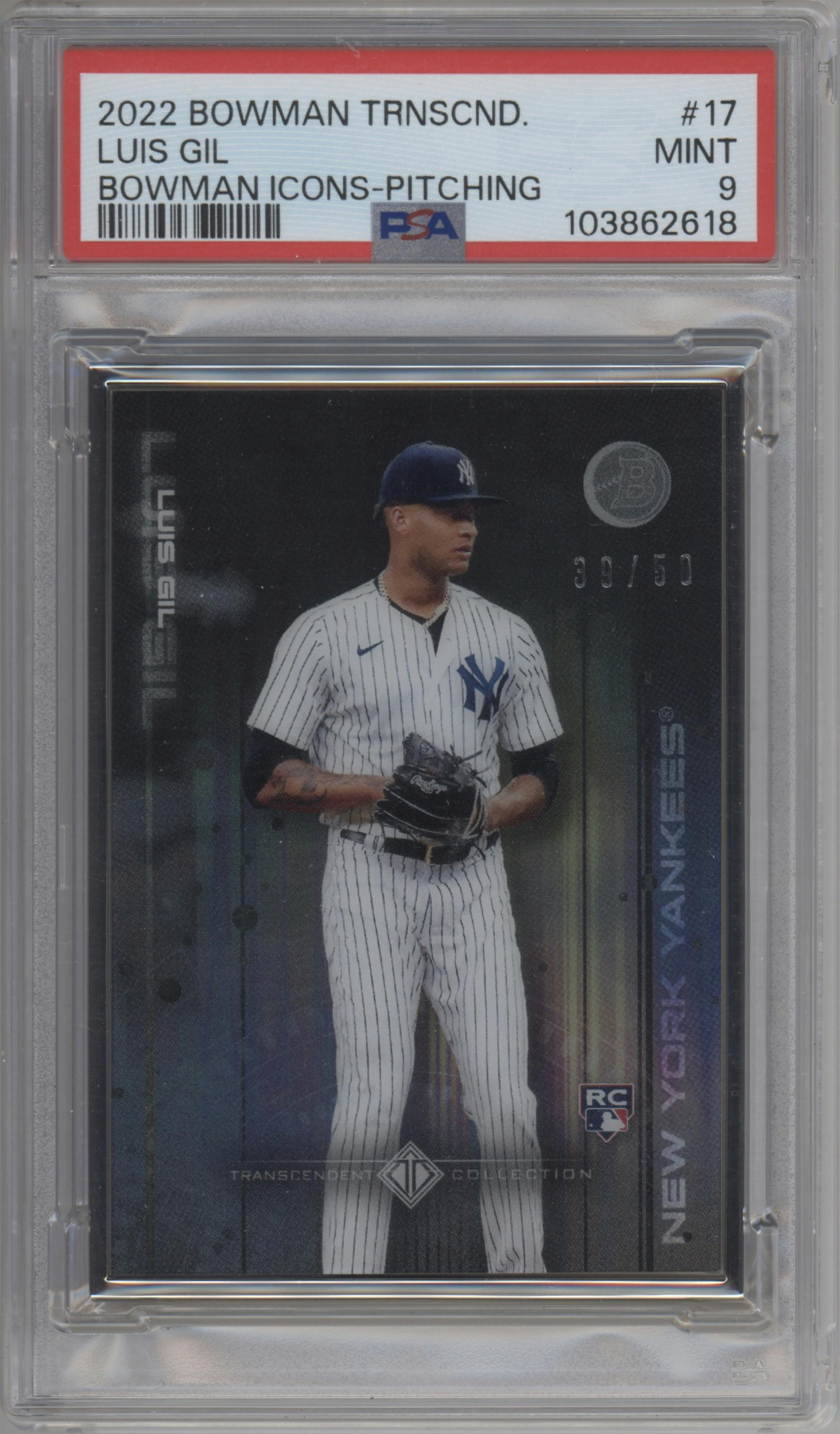 Luis Gil from the 2022 Bowman Transcendent Collection set featuring a Variation parallel graded by PSA and given an overall grade of 9.