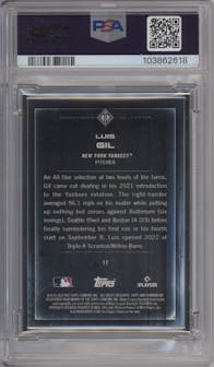 Luis Gil from the 2022 Bowman Transcendent Collection set featuring a Variation parallel graded by PSA and given an overall grade of 9.