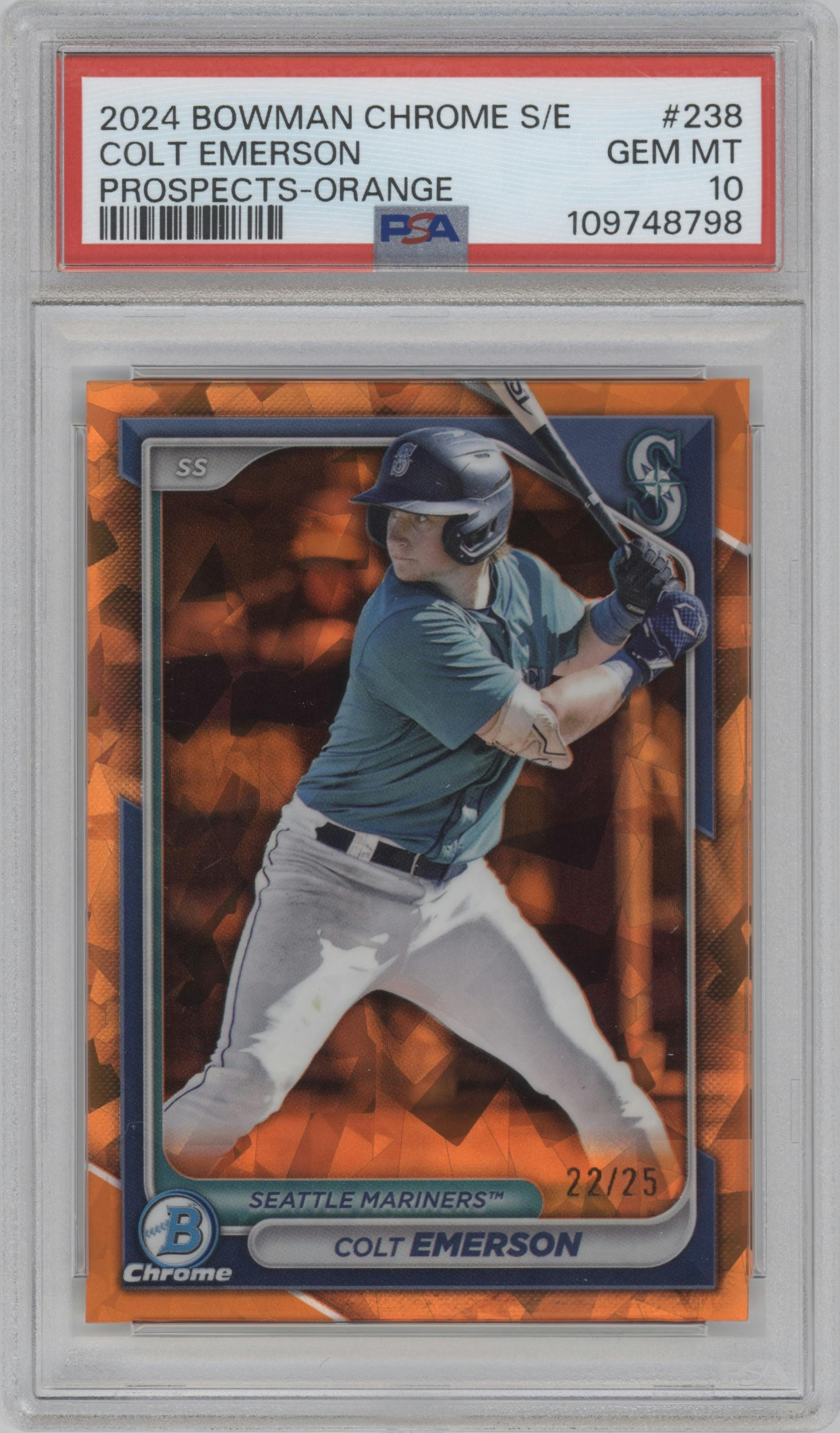 Colt Emerson	 from the 2024 Bowman Chrome Sapphire set featuring a Orange parallel graded by PSA and given an overall grade of 10.
