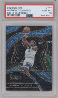 Anthony Edwards from the 2023-24 Panini Select  set featuring a Disco  Light Blue parallel graded by PSA and given an overall grade of 10.