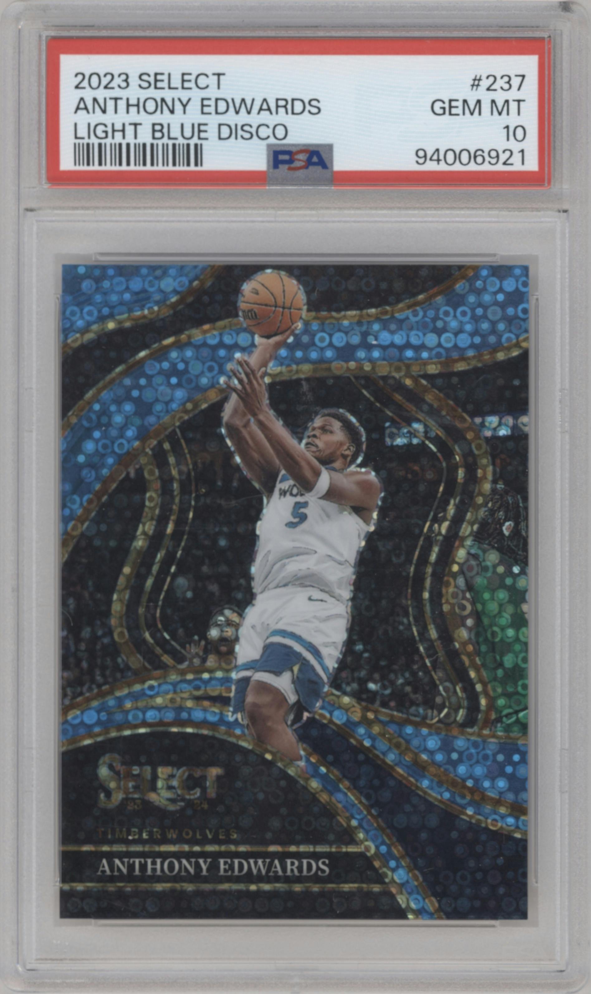 Anthony Edwards from the 2023-24 Panini Select  set featuring a Disco  Light Blue parallel graded by PSA and given an overall grade of 10.