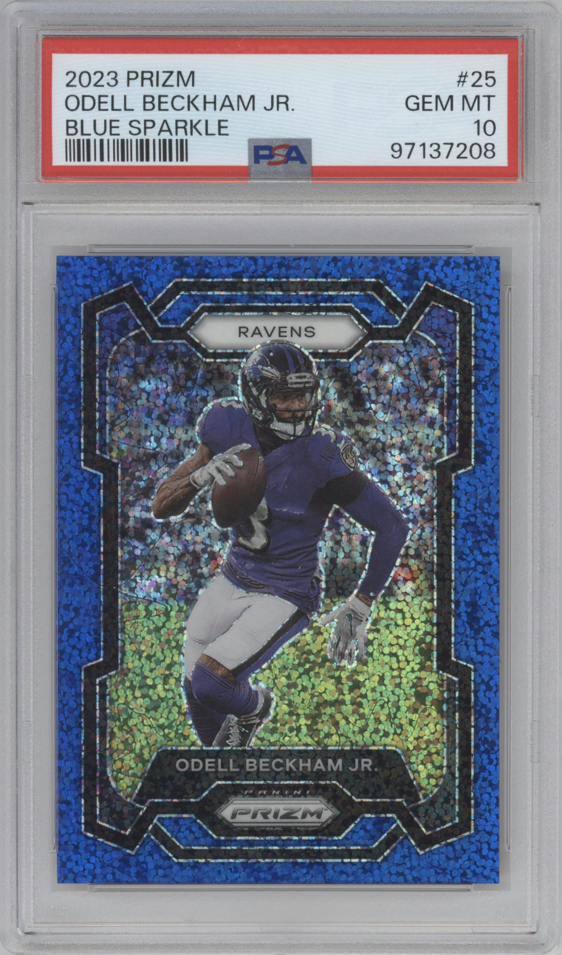 Odell Beckham Jr. from the 2023 Panini Prizm set featuring a Blue Sparkle parallel graded by PSA and given an overall grade of 10.