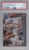 Adley Rutschman from the 2023 Topps Stadium Club set featuring a Blue Foil parallel graded by PSA and given an overall grade of 9.