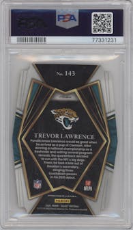 Trevor Lawrence from the 2021 Panini Select set featuring a Die-Cut Red/Yellow parallel graded by PSA and given an overall grade of 8.