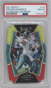 Trevor Lawrence from the 2021 Panini Select set featuring a Die-Cut Red/Yellow parallel graded by PSA and given an overall grade of 8.