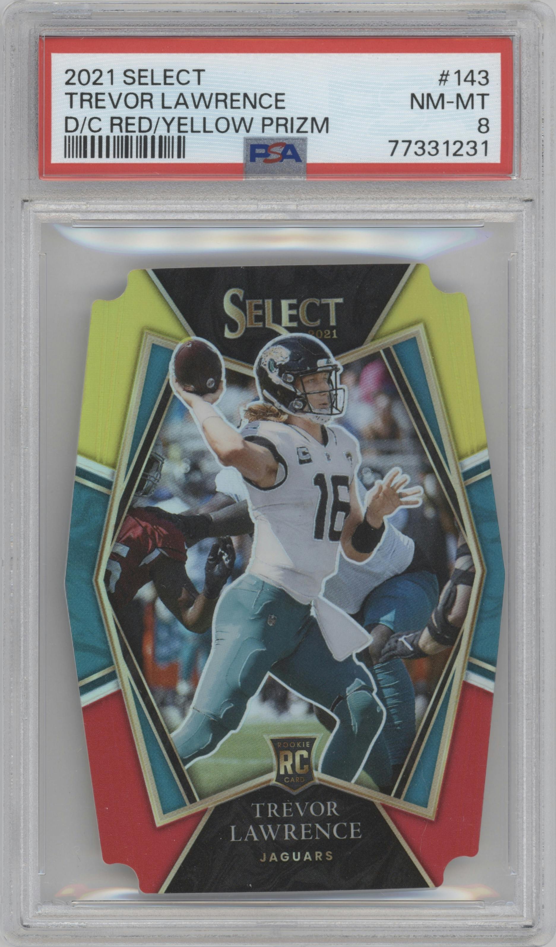 Trevor Lawrence from the 2021 Panini Select set featuring a Die-Cut Red/Yellow parallel graded by PSA and given an overall grade of 8.