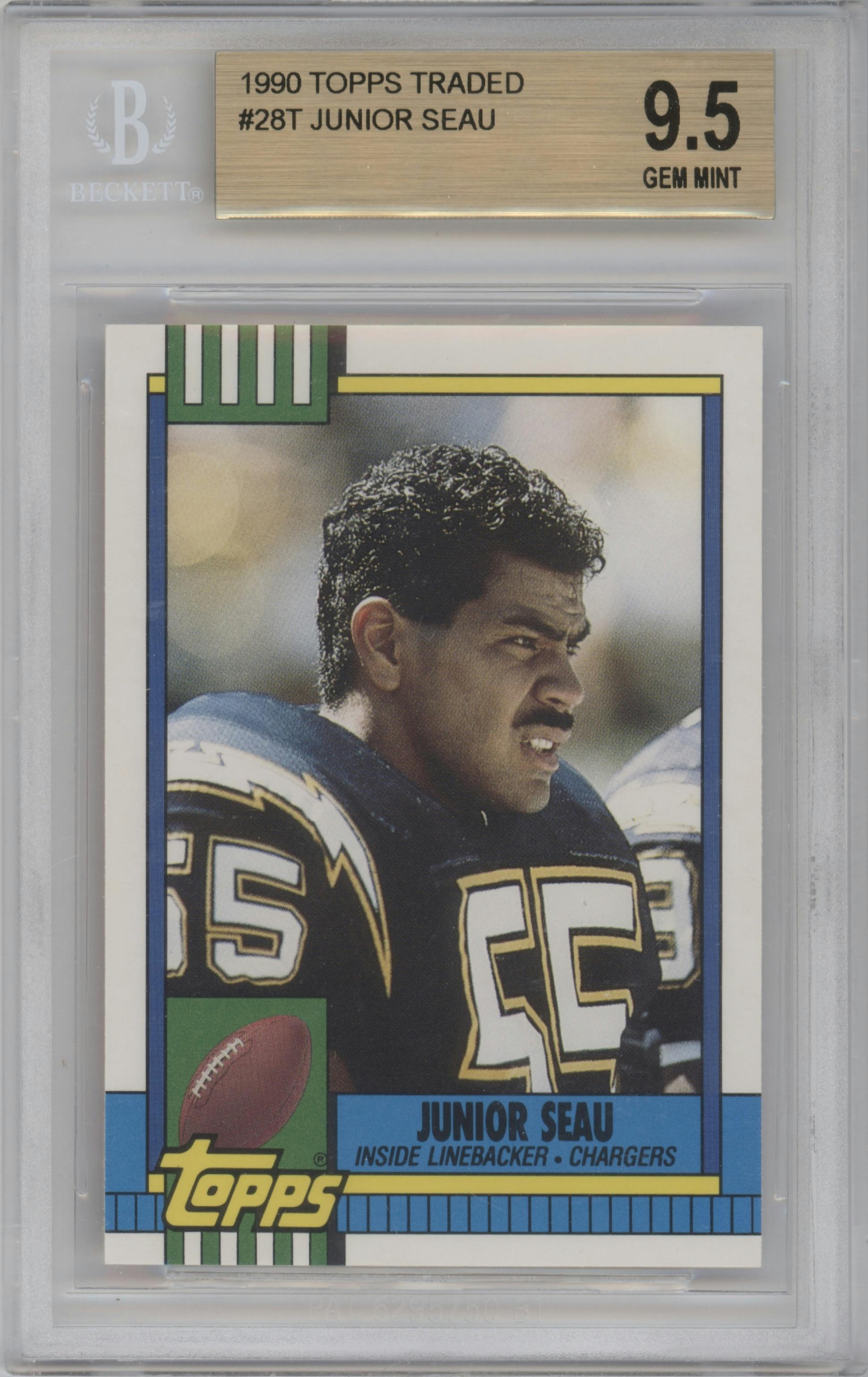 Junior Seau from the 1990 Topps Traded set graded by Beckett and given an overall grade of 9.5.